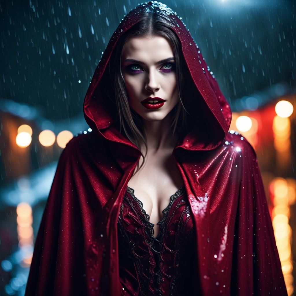 Crimson Vampire Beckons in Holographic Rain
