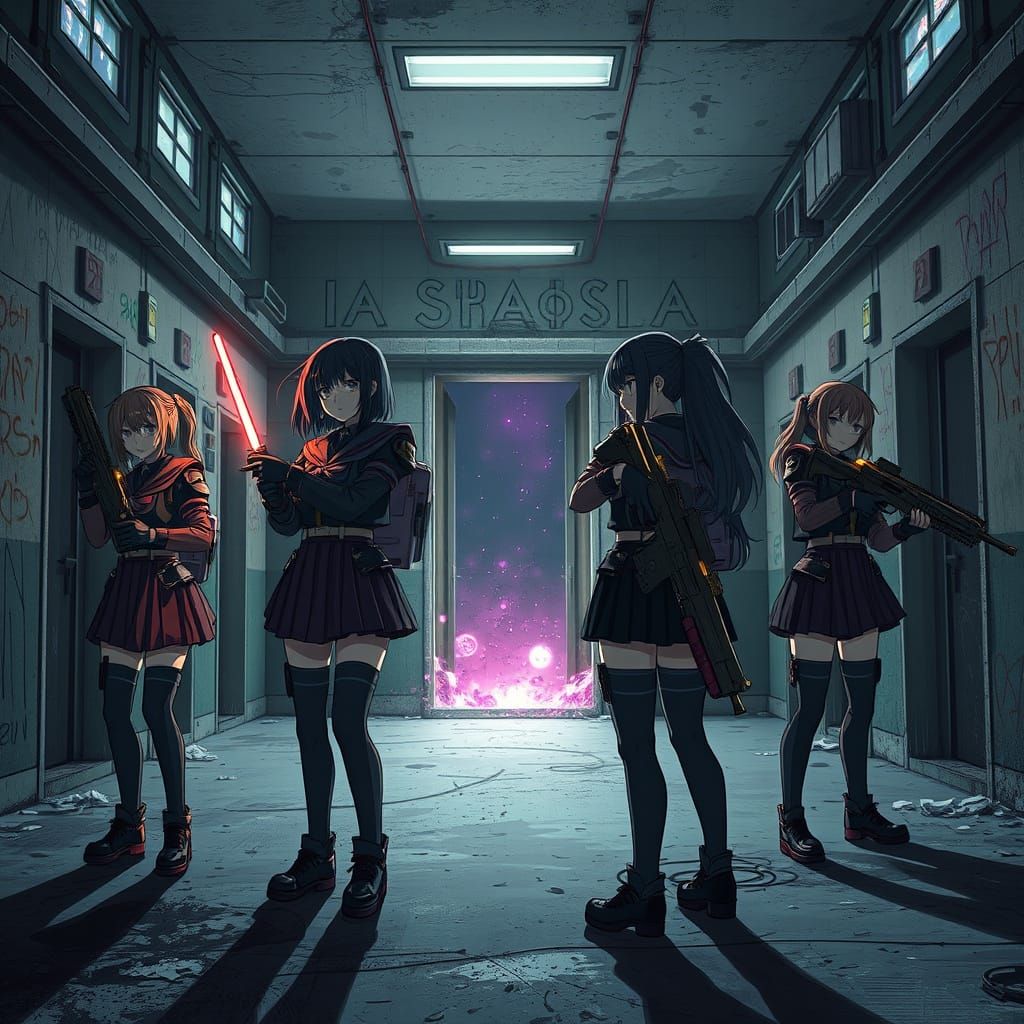Anime Schoolgirls Guard Portal in Cyberpunk Style