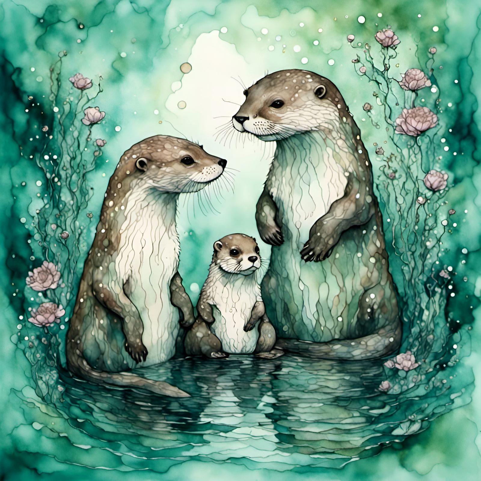 Otter Family in Starry Night Ocean: Van Gogh Style