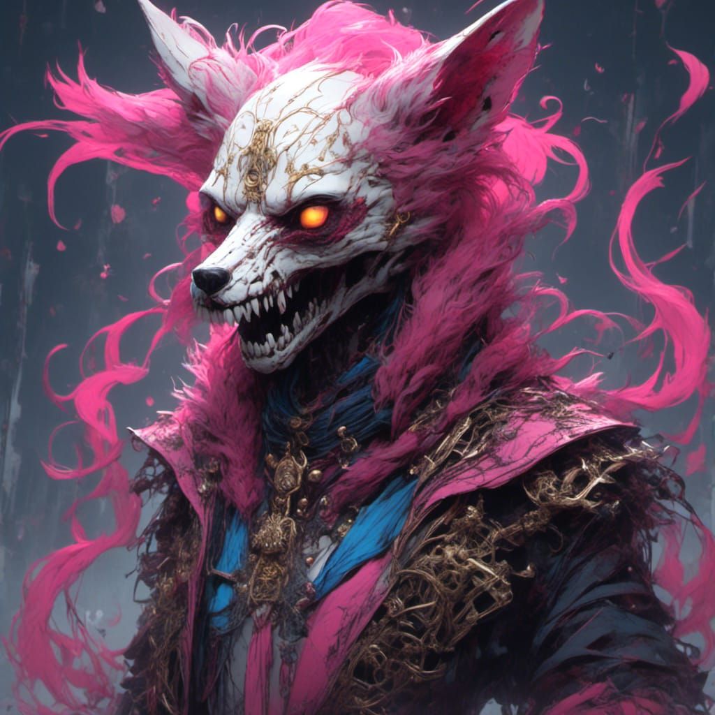Skeletal Kitsune lich, pink, blue, white, yellow <lora:Fantasy 3d character:1.0> <lora:3D Anime:1.0>