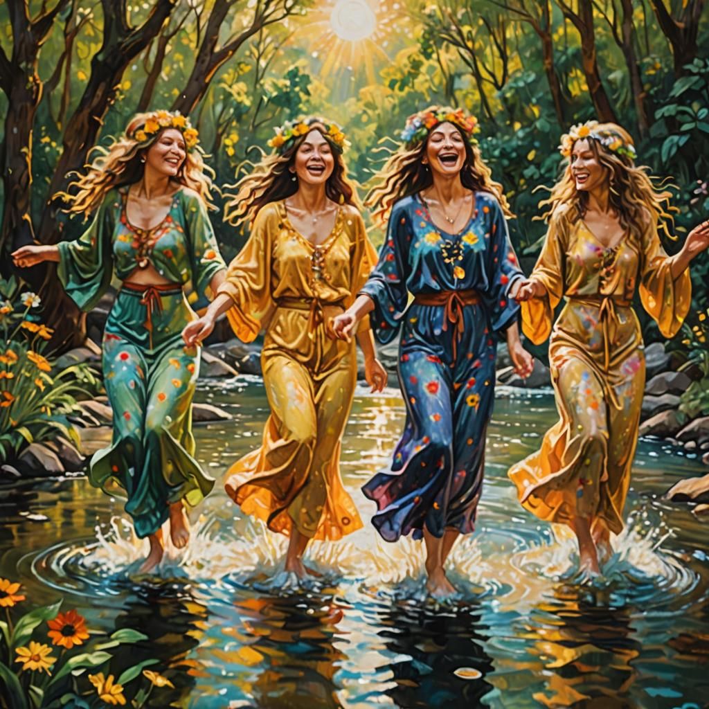 Voluptuous Hippies Dancing in River, Klimt-Inspired Oil