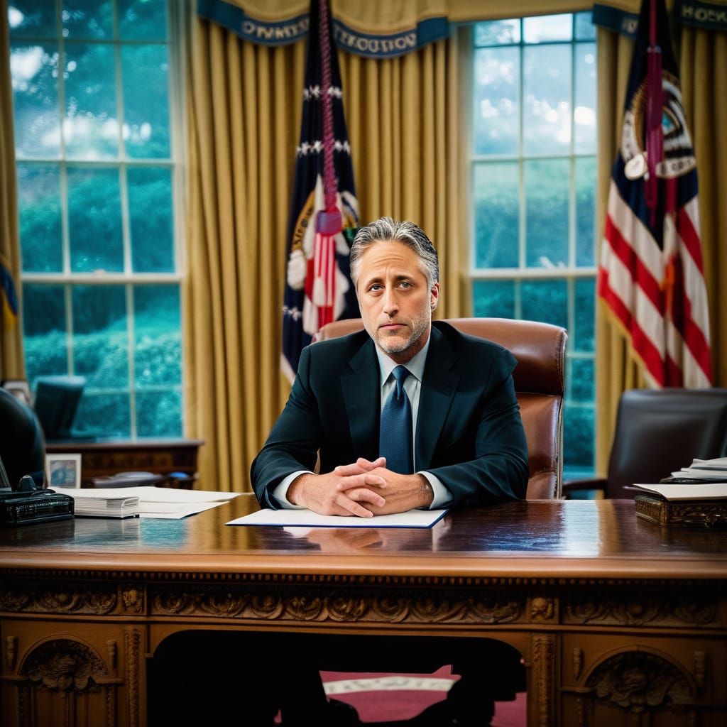 Jon Stewart Behind the Oval Office Desk in a Photorealistic ...