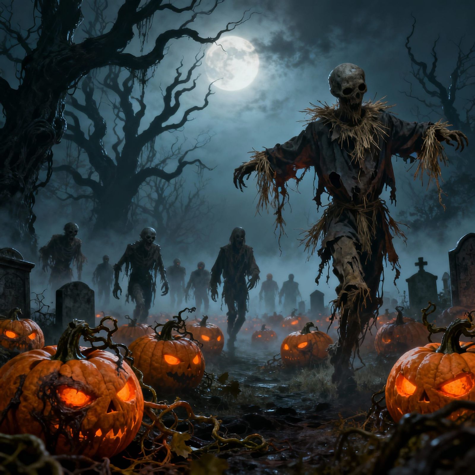 Zombie Pumpkins Scarecrows in Foggy Graveyard