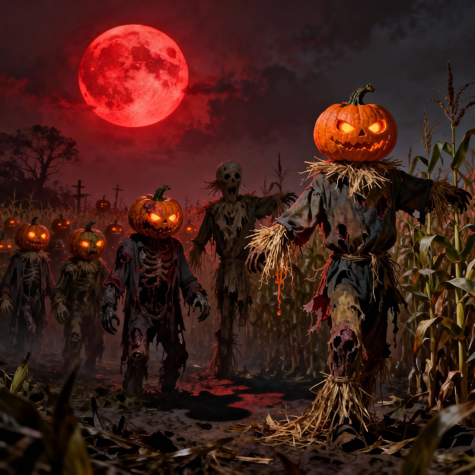 Zombie Pumpkins and Scarecrows in Desolate Cornfield