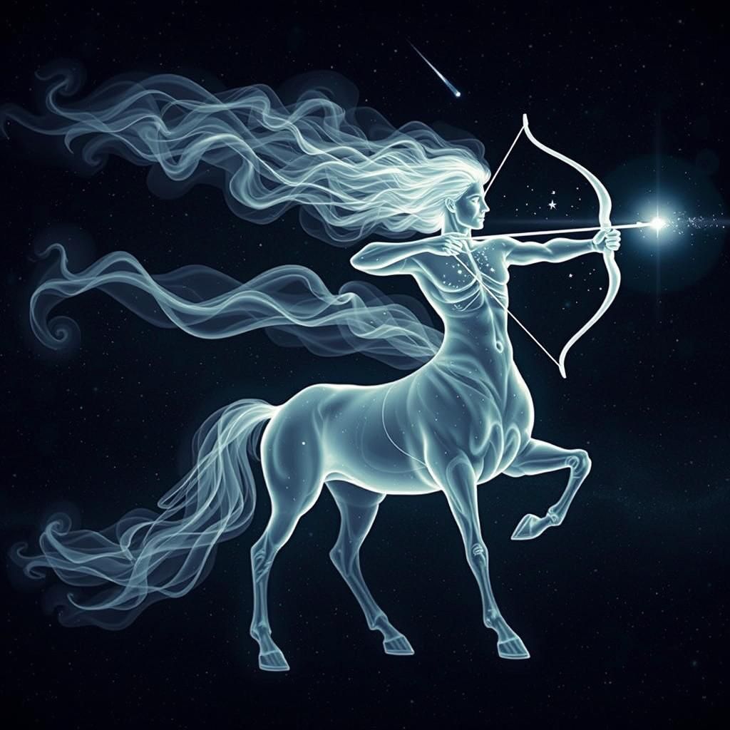 Imagine a spectral apparition embodying the concept of Sagittarius the centaur, half man, half horse built of the same e...