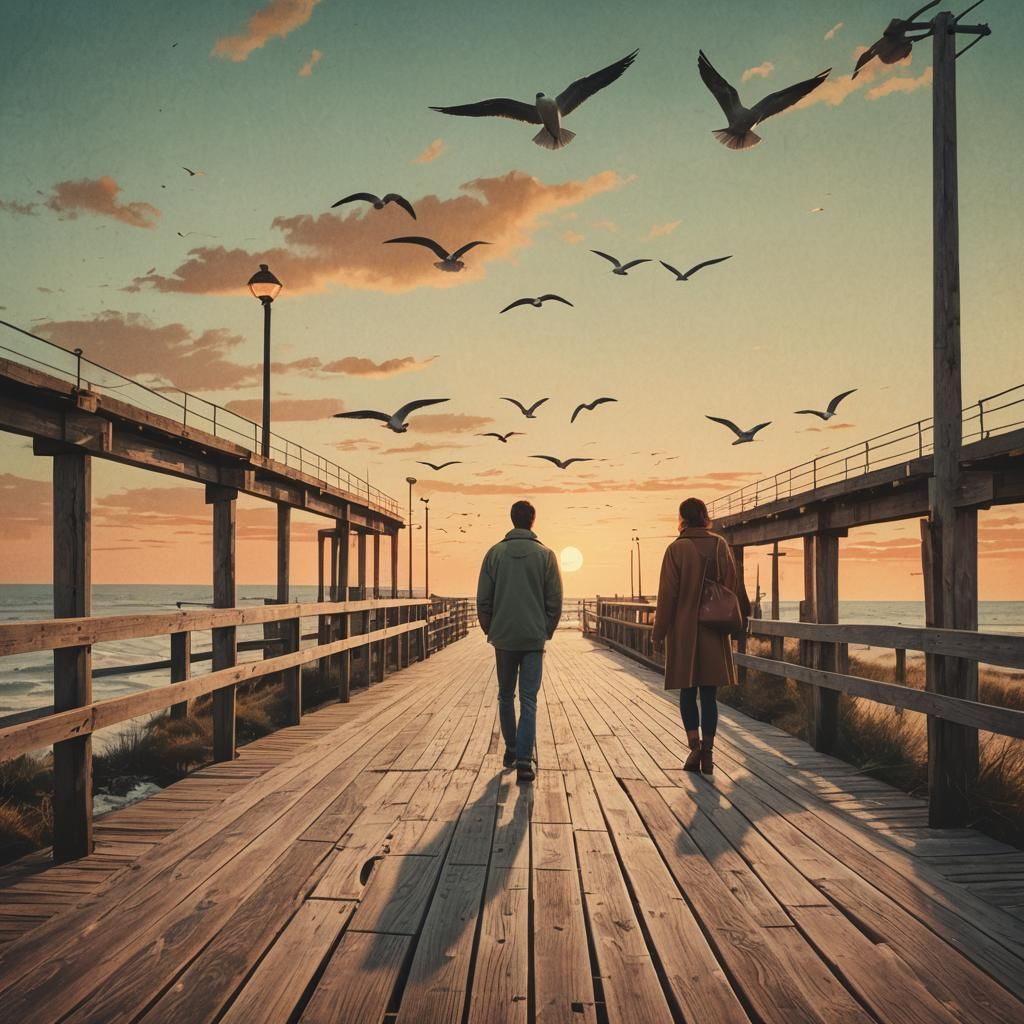 Retro Illustration of Couple Under Boardwalk