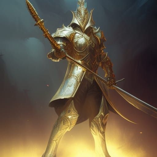 White Knight with Gold Sword, Dark Fantasy Art