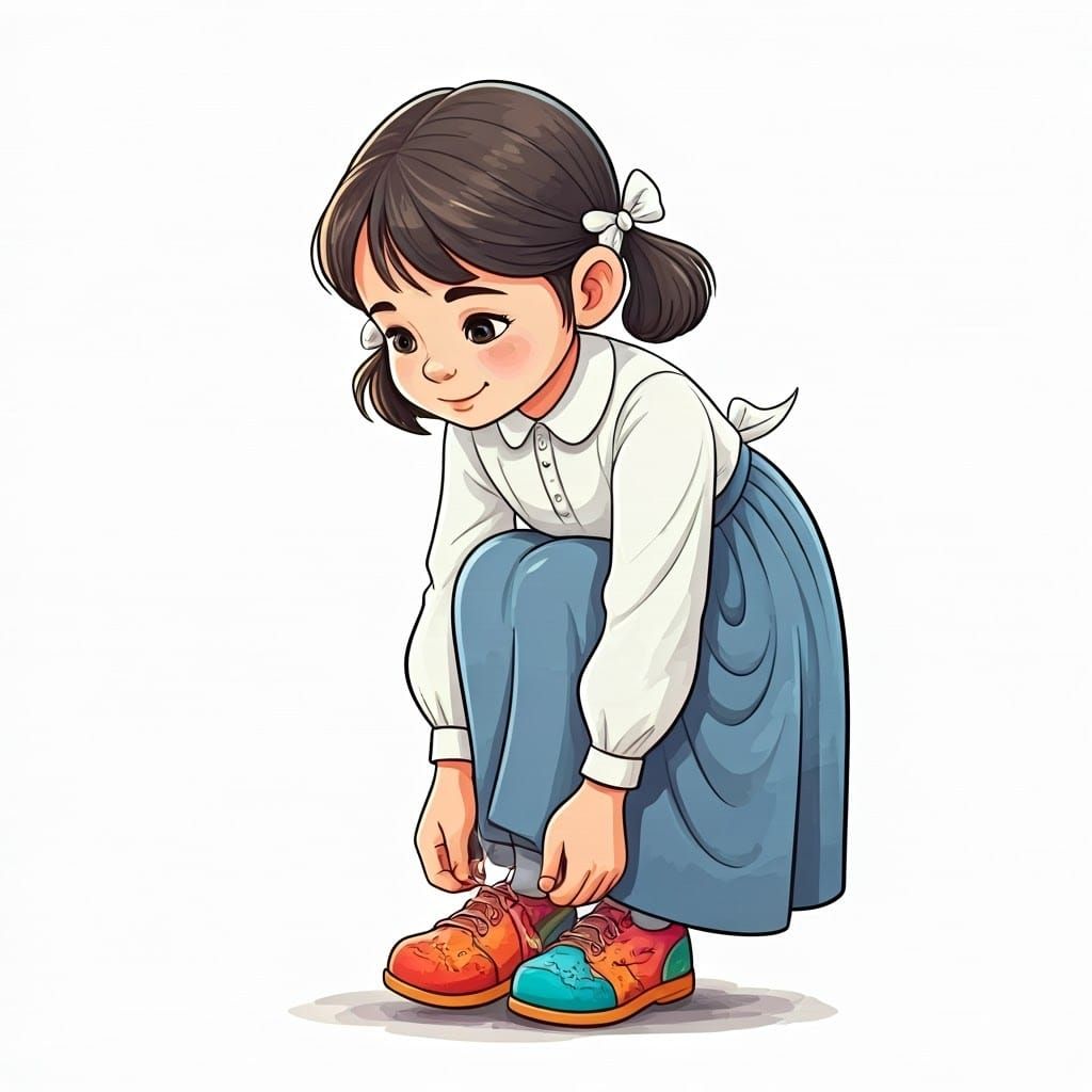 Young Haredi Girl Tying Colorful Shoes in a Whimsical Cartoo...