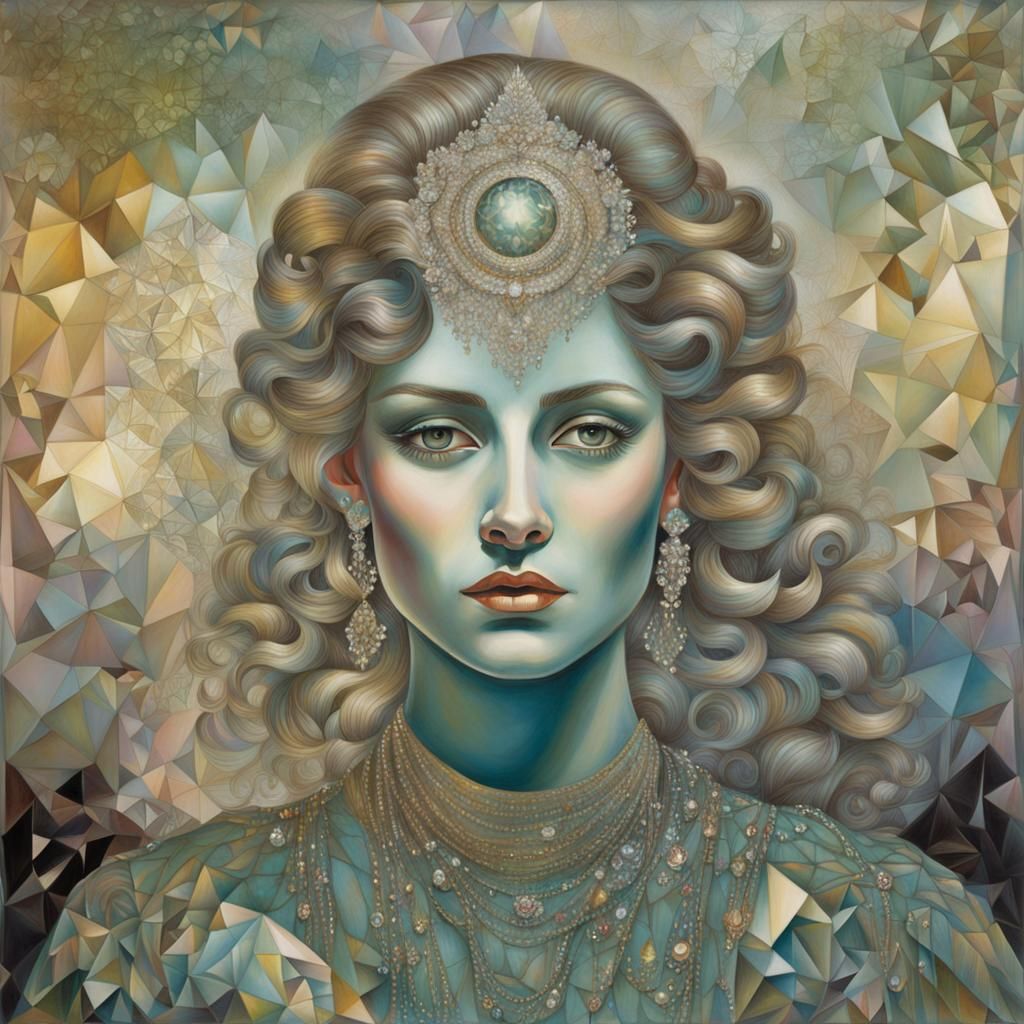 Iridescent Woman in Crystalline Room, Antique Style