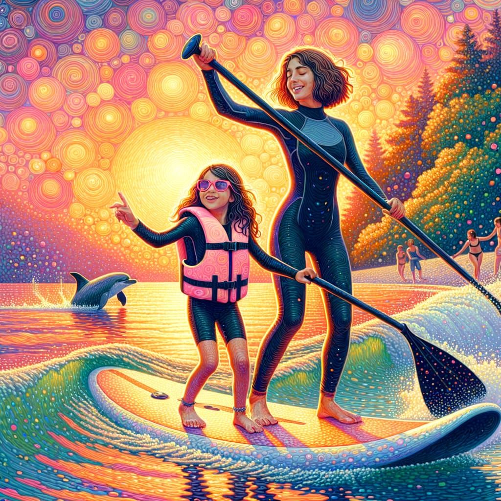 Woman and Girl Enjoy Sunset Paddleboarding in a Vibrant Wond...