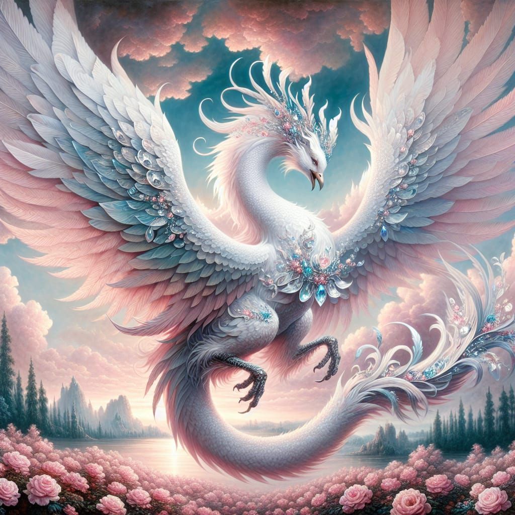 Crystalline Phoenix Soaring Over Rose Landscape