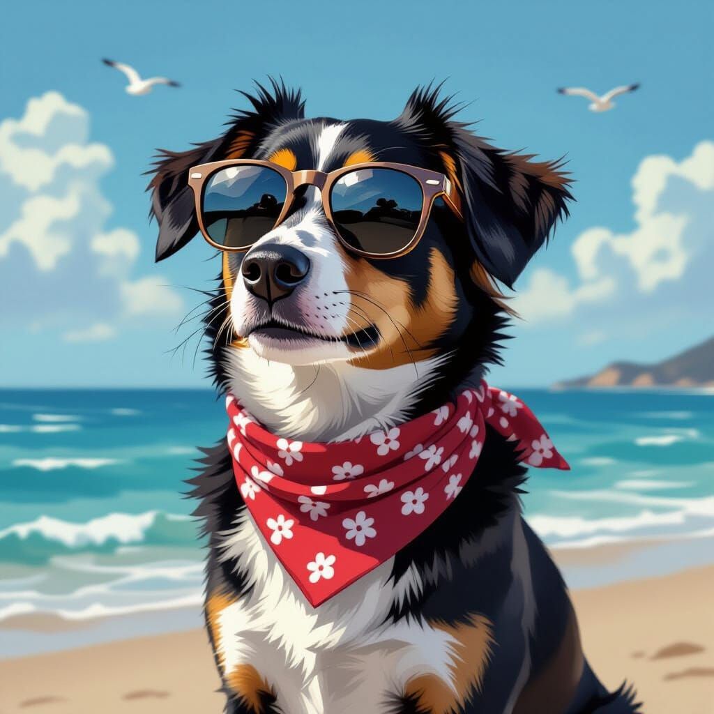 Dog with Sunglasses Looks Out to Sea