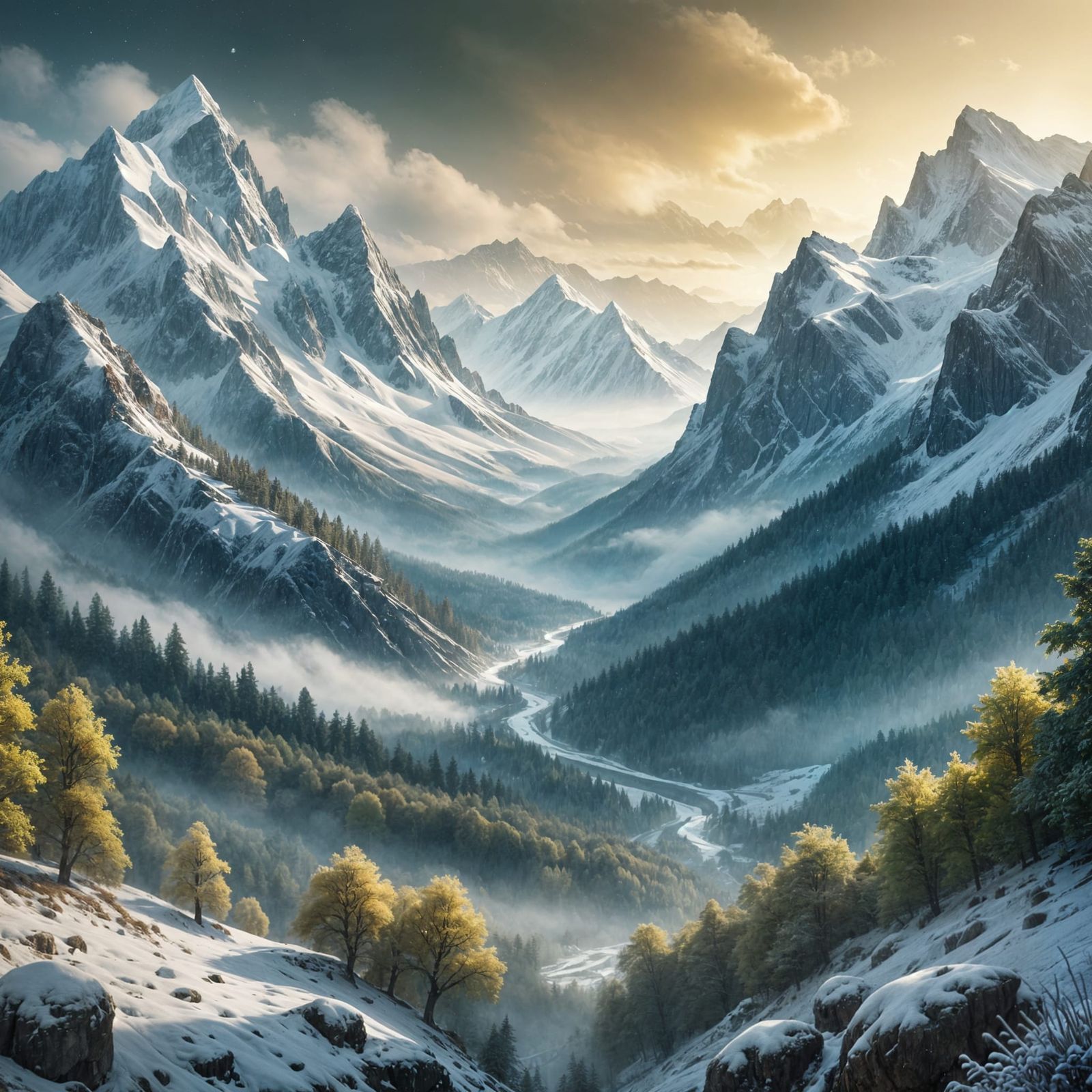 Lush Forest Encircled by Icy Mountains