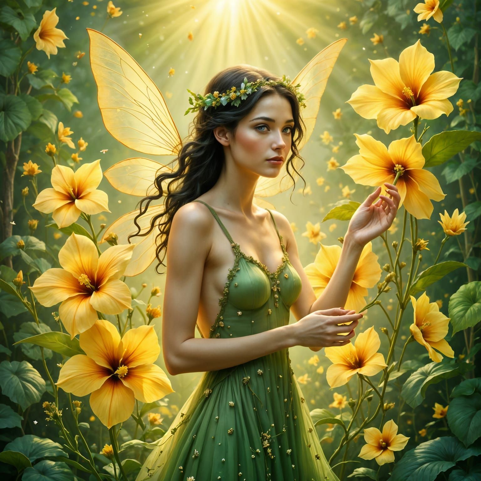 Enchanted Fairy Amidst Vibrant Hibiscus Blooms