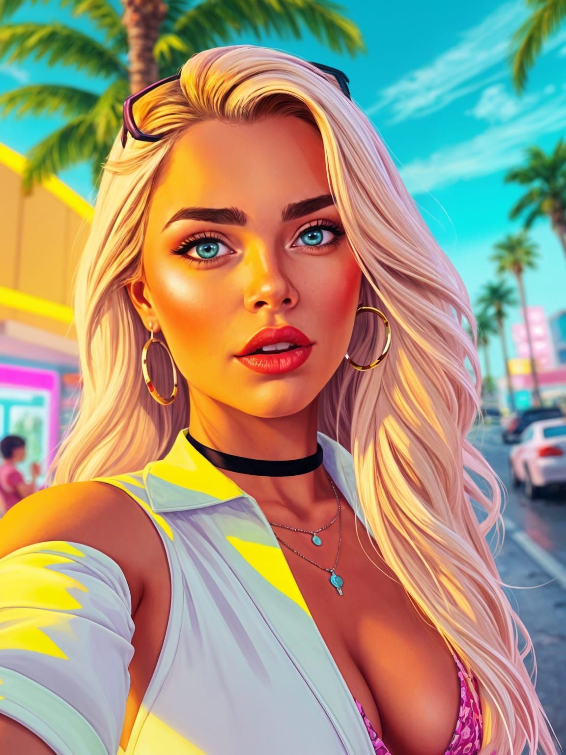 Blonde Woman Selfie in Neon Vice City