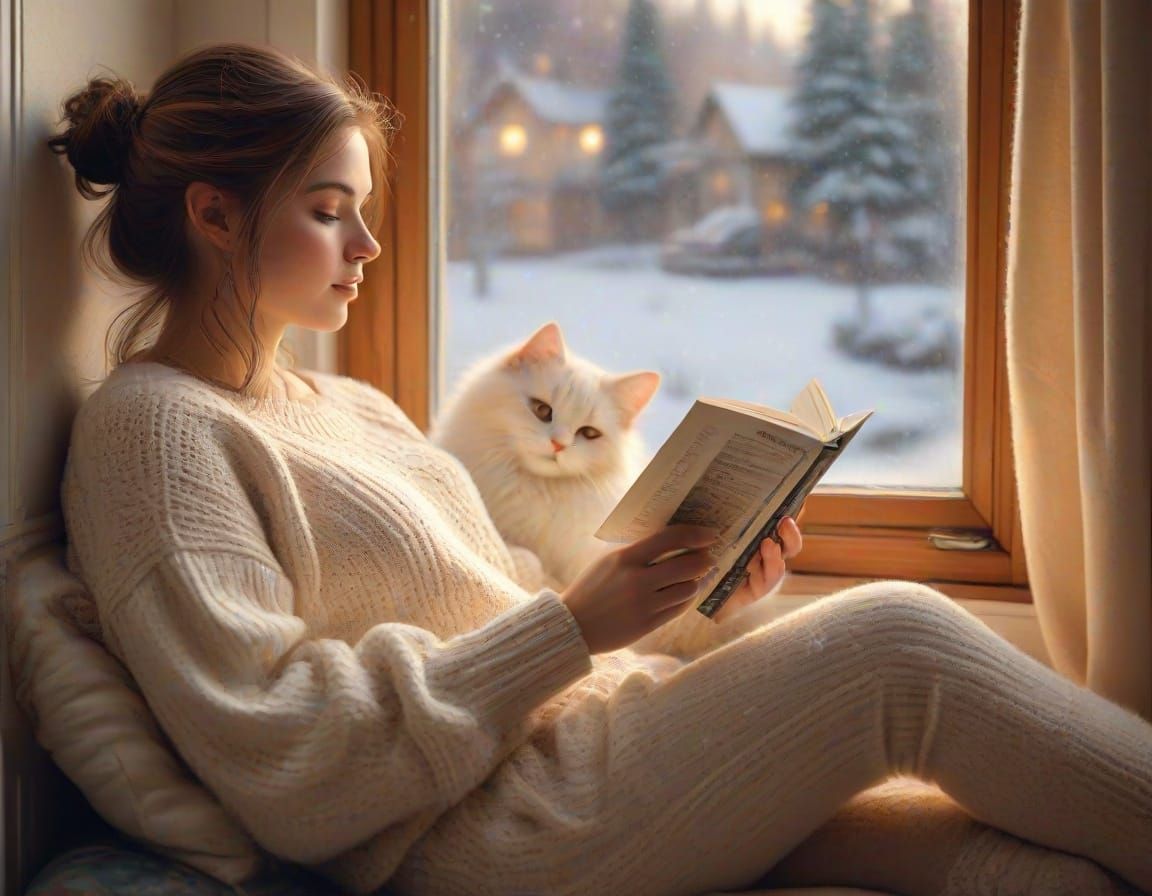 Cozy Window Seat Reading Scene with Cat