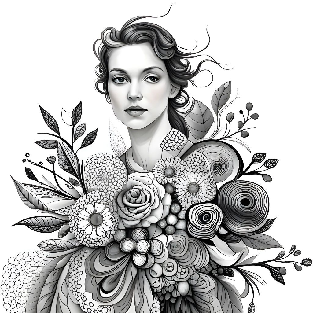 Intricate Black and White Flower Bouquet Illustration