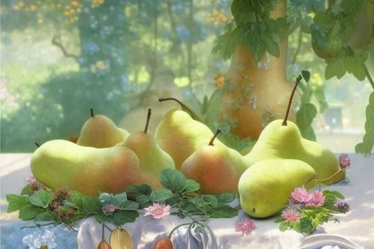 Garden Table with Pears in Hyperdetailed Lighting