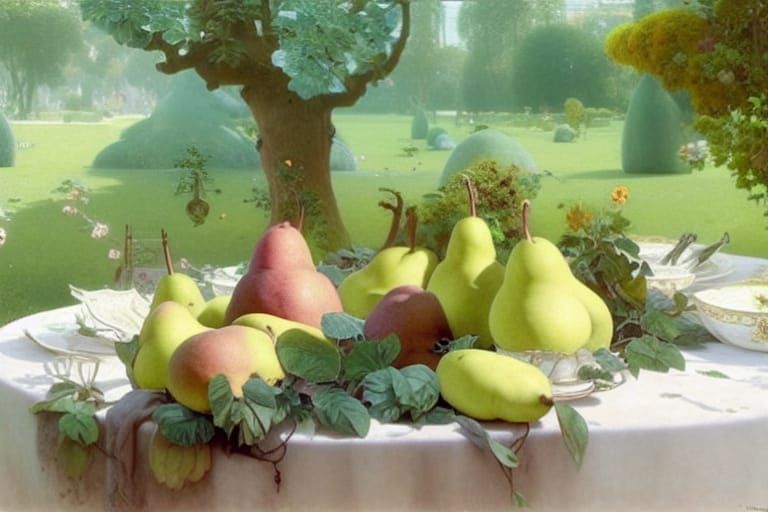 Pears on Garden Table in Hyperdetailed Lighting