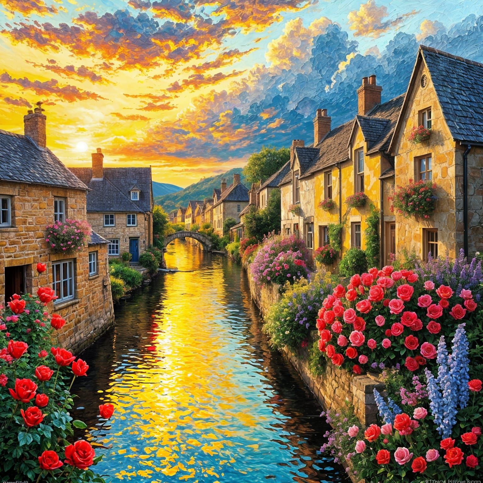 Vibrant Riverside Village Sunset Oil Painting