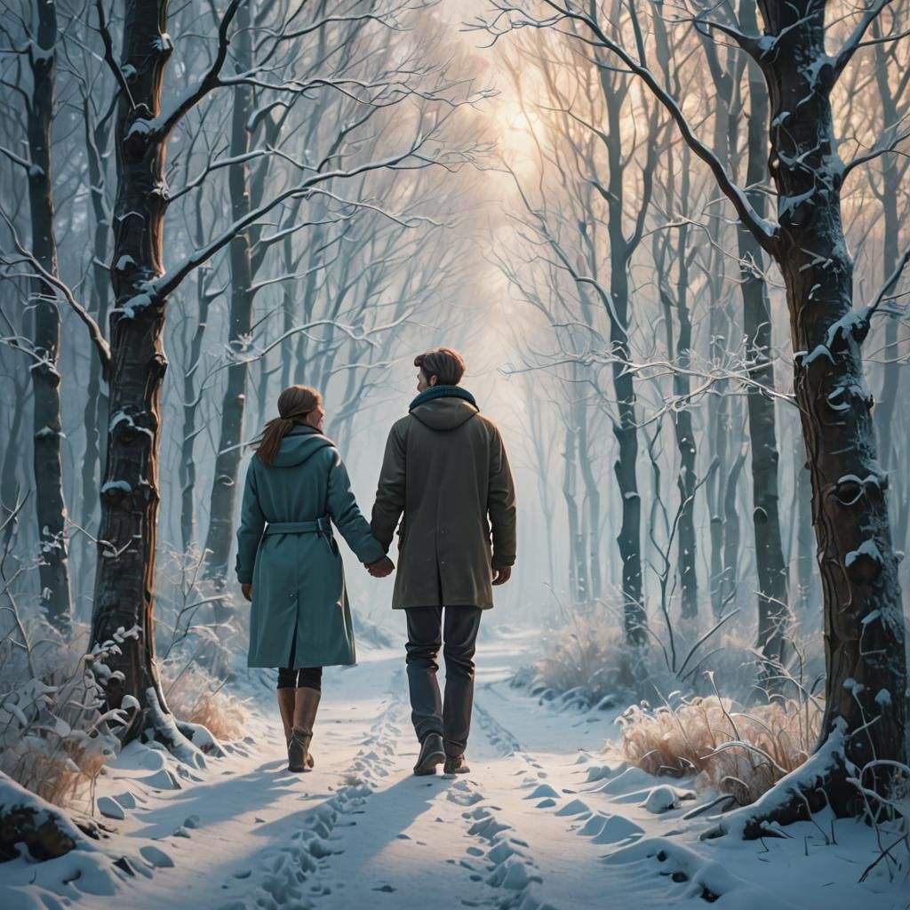 Romantic Winter Forest Scene in Cinematic Oil Painting Style