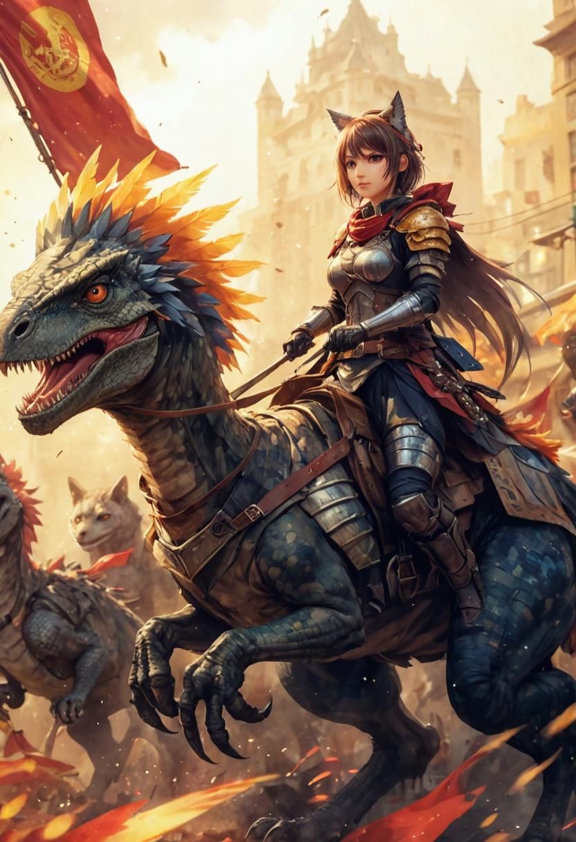 Epic Anime Catgirl Velociraptor Battle Scene in Digital Art