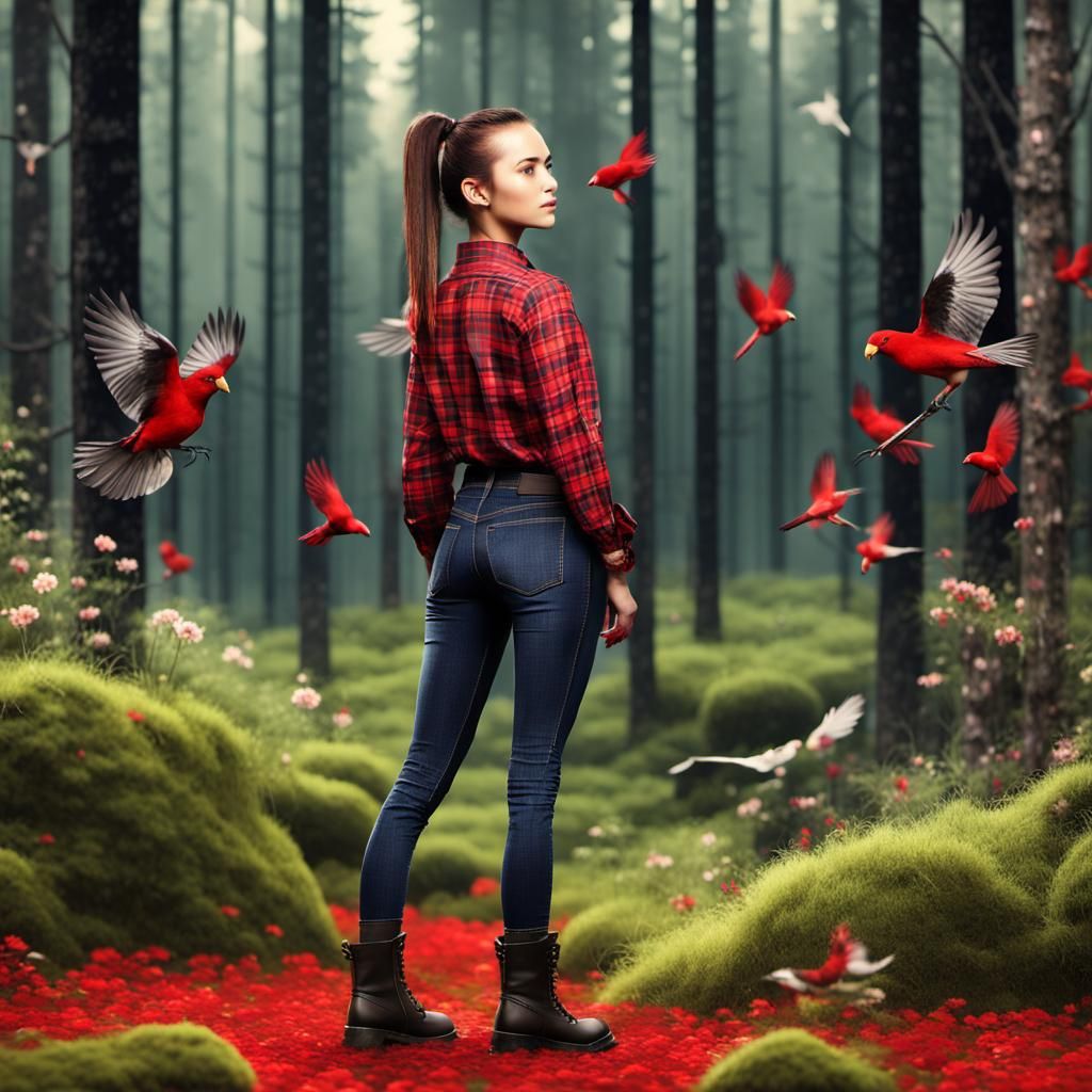 Woman in Plaid Shirt in Lush Forest, Detailed Portrait
