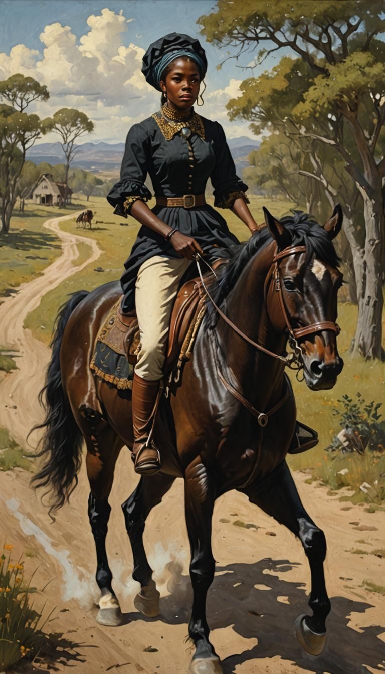 Black Woman on Horse in Oil Painting Style