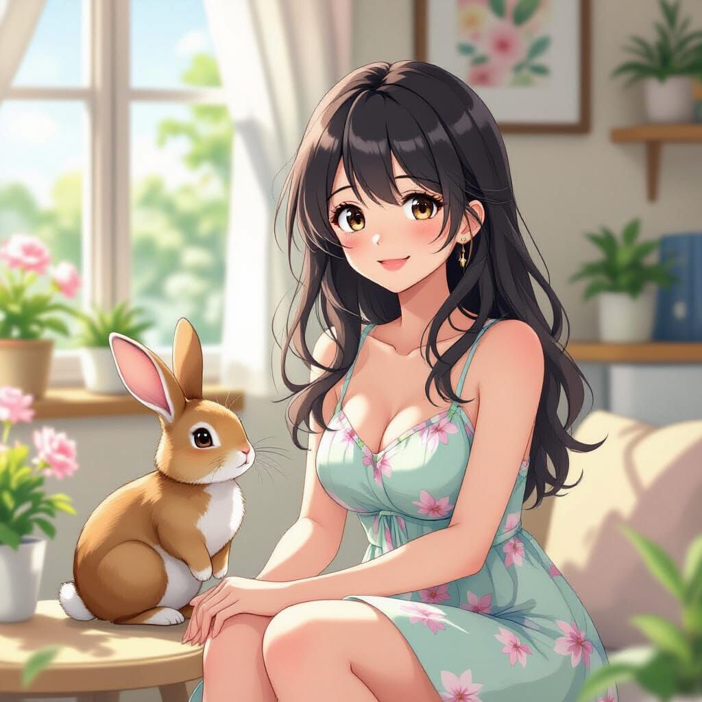 Anime Woman with Rabbit in Summer Dress