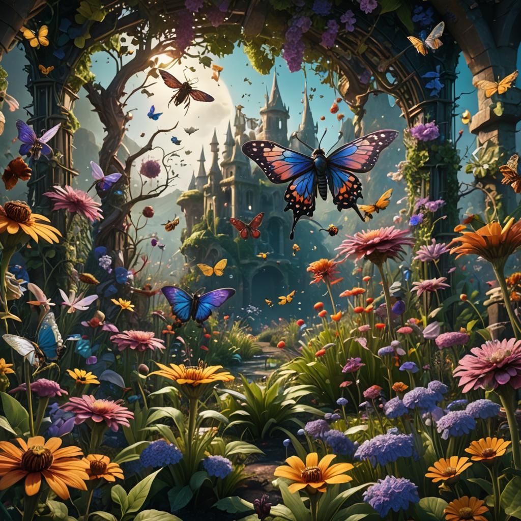 Fantasy Garden with Pollinators, Detailed Matte Painting