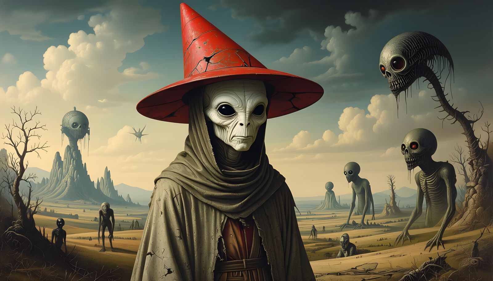 Alien with Red Helmet in Style of Hieronymus Bosch