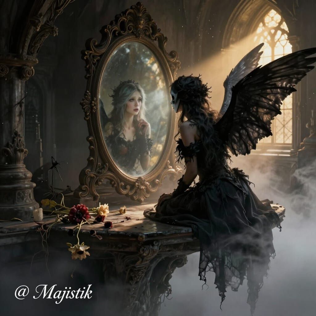 Dark Winged Fairy Confronts Sad Reflection in Ornate Mirror