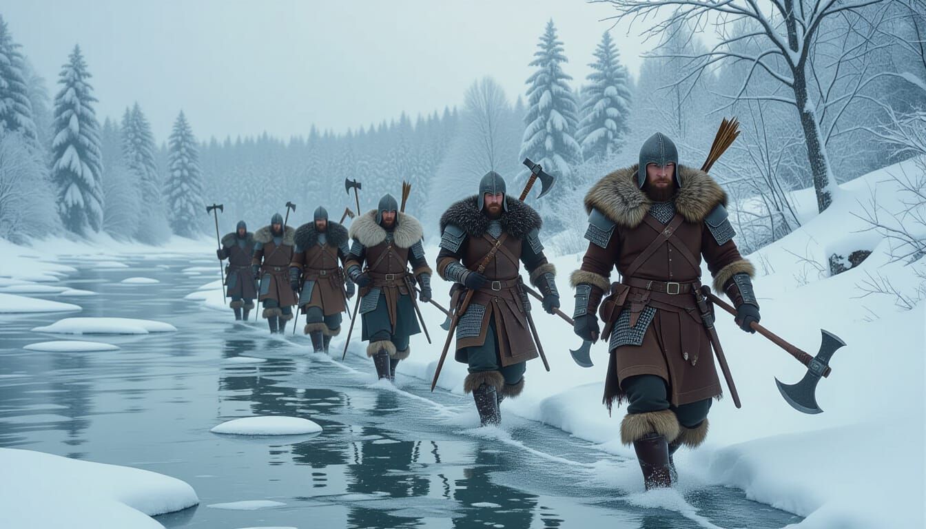Frankish Warriors Cross Frozen Rhine in Photorealistic Style