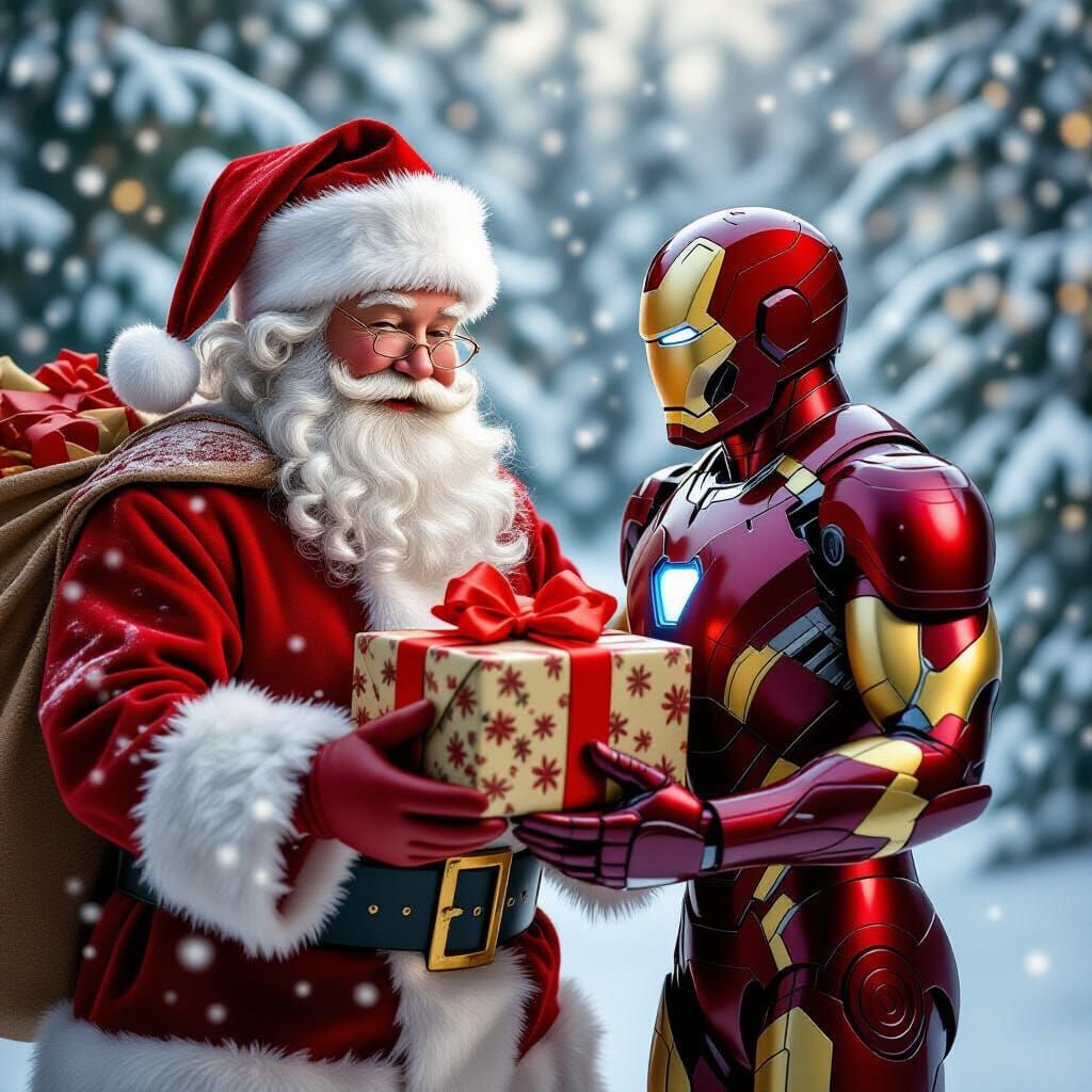 Santa Claus Gives Gift to Iron Man in Snowy Forest
