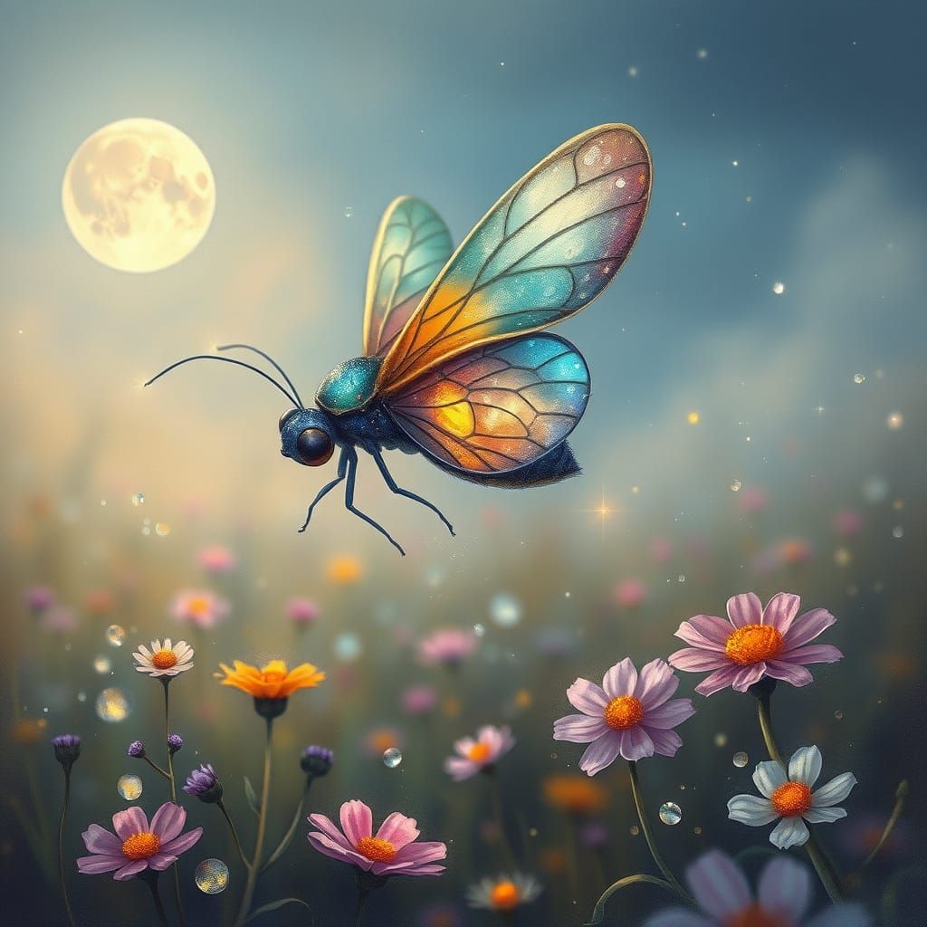 Luminous Firefly in Moonlit Meadow, Impressionist Style