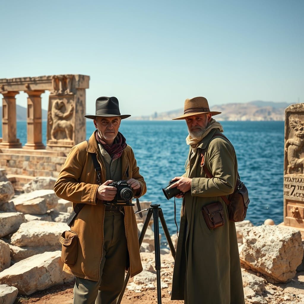 Victorian Travelers Photograph Ancient Ruins: Hyperrealistic...