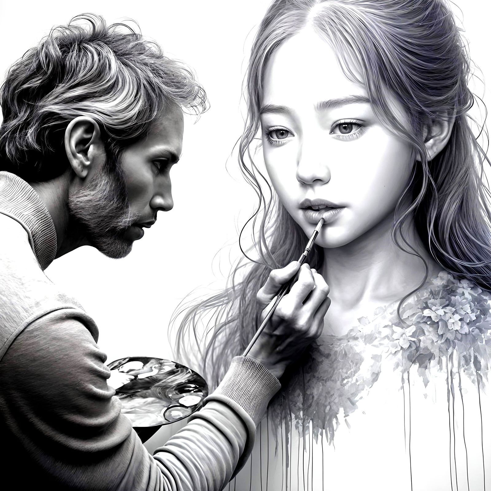 Grayscale Man Painting a Hyperrealistic Pastel Portrait