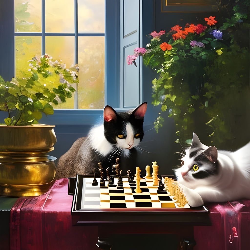 Cat and Dog Play Chess in Oil Painting Style