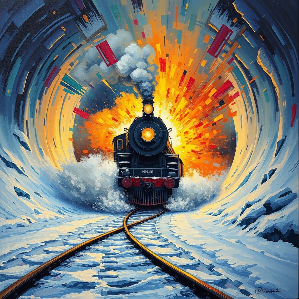 Epic Steam Locomotive Explosion in Vibrant Colors