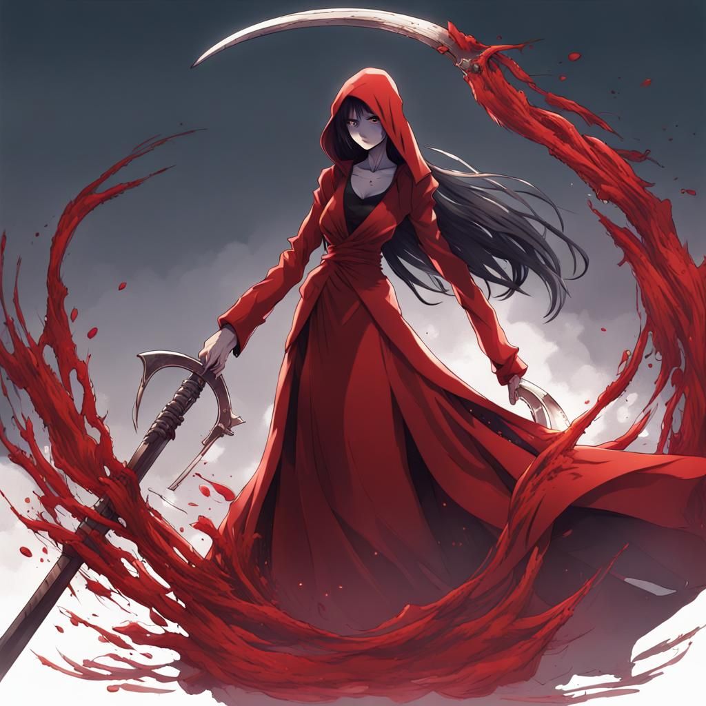 Anime Grim Reaper in Red Dress with Scythe