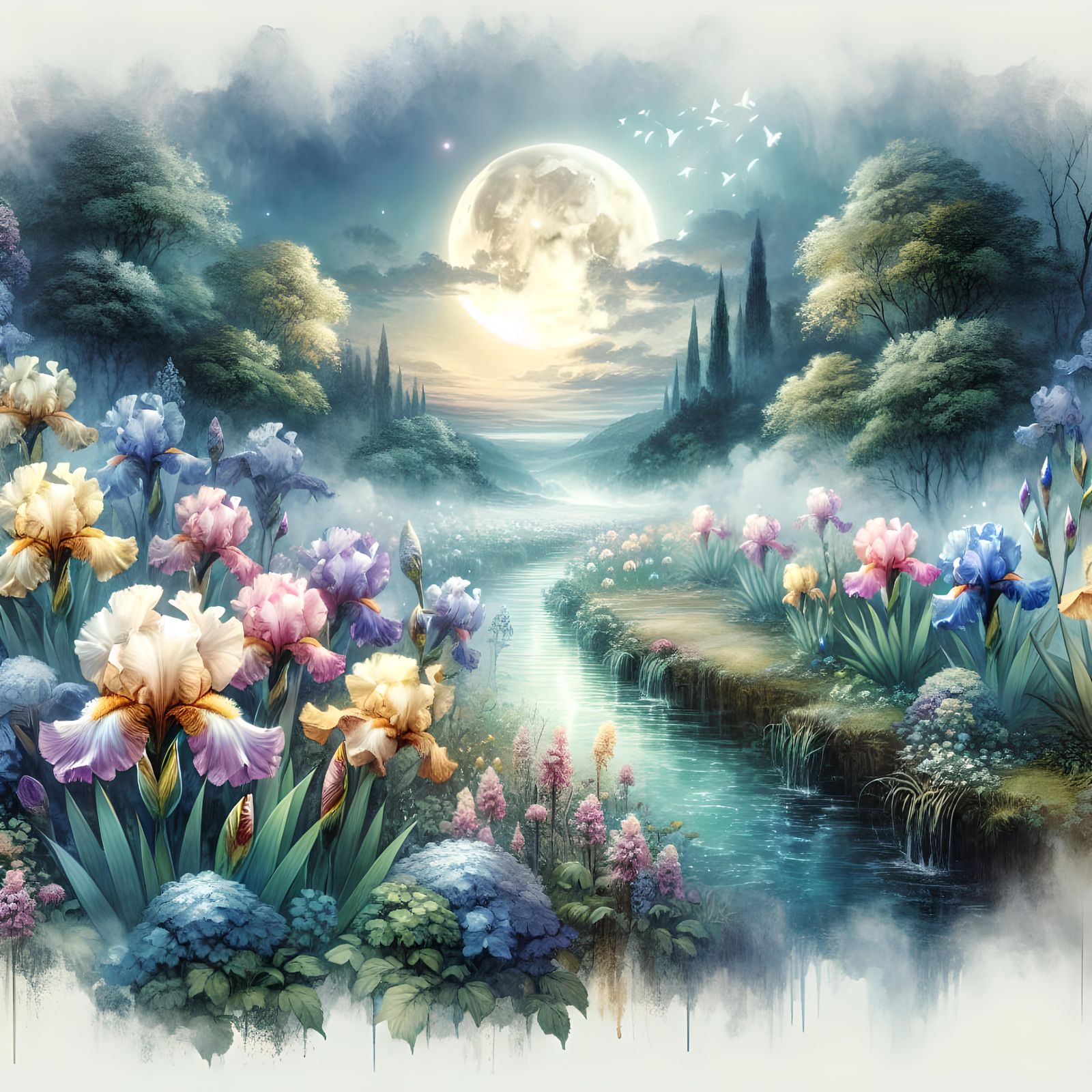 Ethereal Irises in Bloom Under Moonlight, Watercolour Style