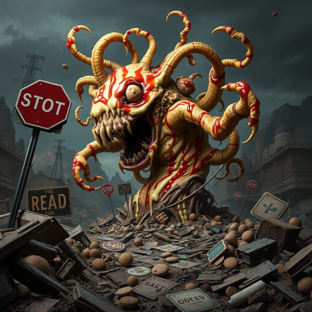 Grotesque Fry Sauce Monster Rises: Surreal Matte Painting