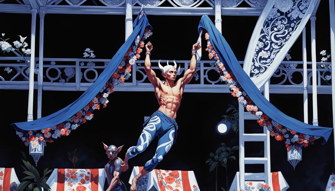 Blue Goblin Athlete in Art Nouveau Style