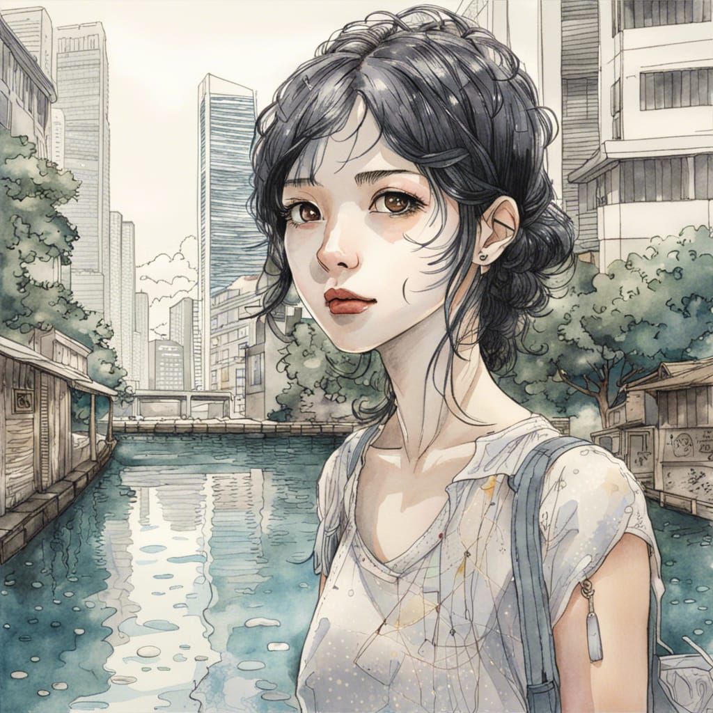 Singapore Street Scene: Gothic Watercolor Anime Portrait