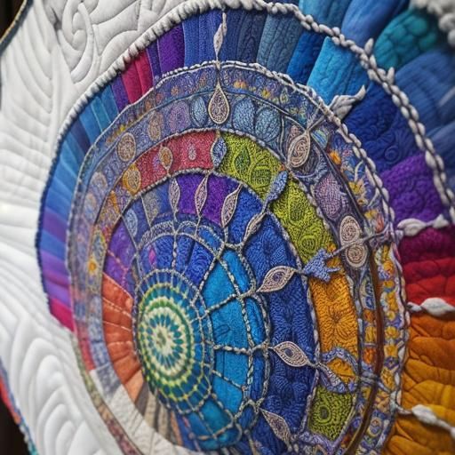 Macro Photograph of Colorful Quilt with Fabric Runes