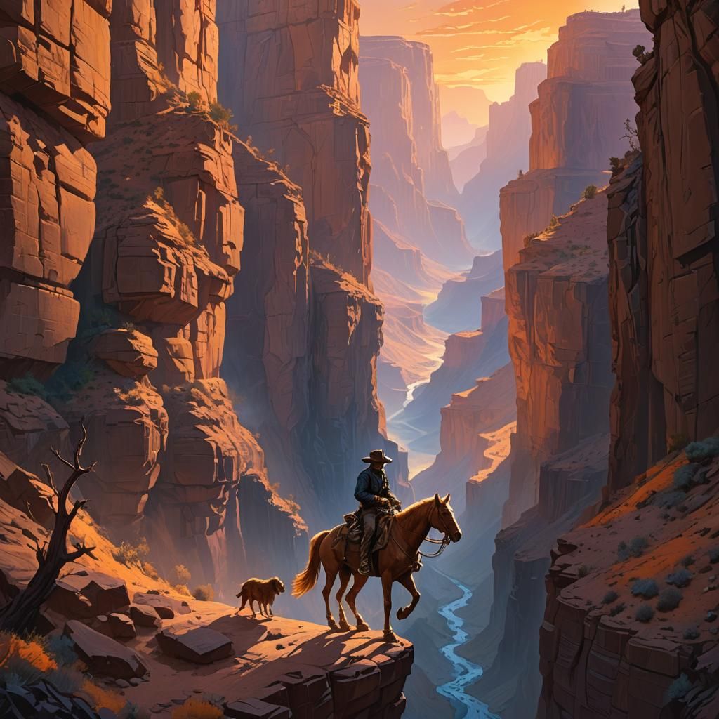 Cowboy Riding Griffin in Mystical Canyon at Sunset
