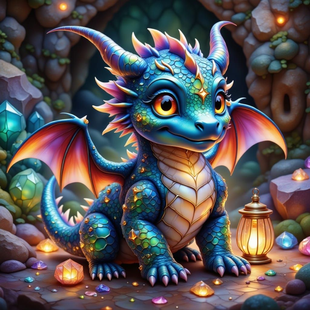 Cute Chibi Dragon on Iridescent Crystals in Ghibli Anime Sty...