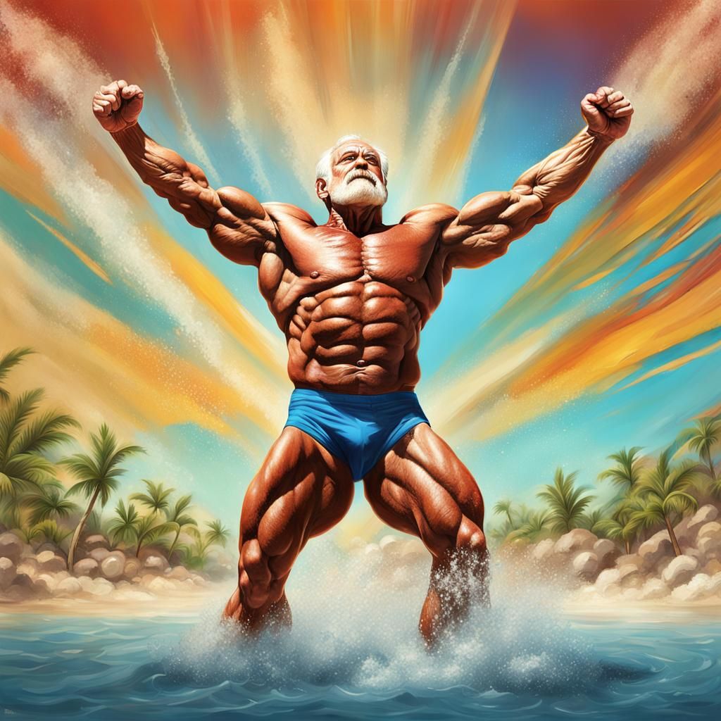 Hyperrealistic Mr. Olympia Raises Arms to Sky