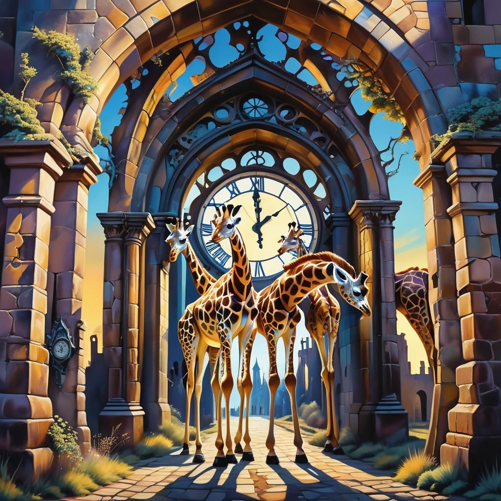 Giraffes Amidst Gothic Ruins in Vibrant Oil Painting