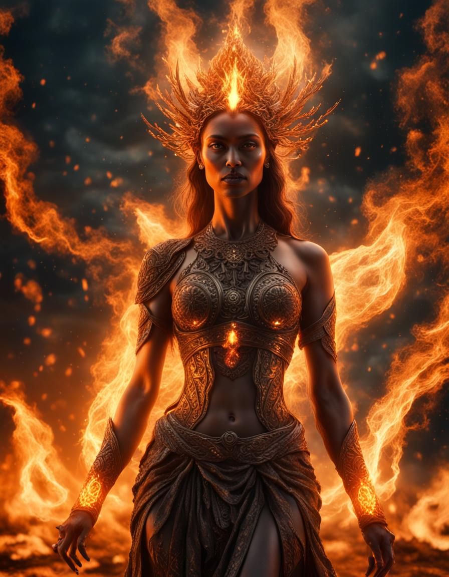 Goddess of Fire with Burning Body and Glowing Eyes